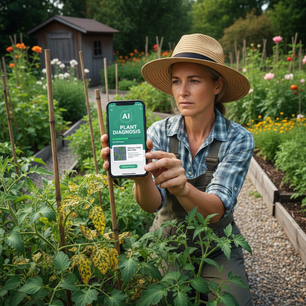 Nowoczesny ogrodnik korzystający ze smartfona w ogrodzie, analizujący zdjęcie chorej rośliny