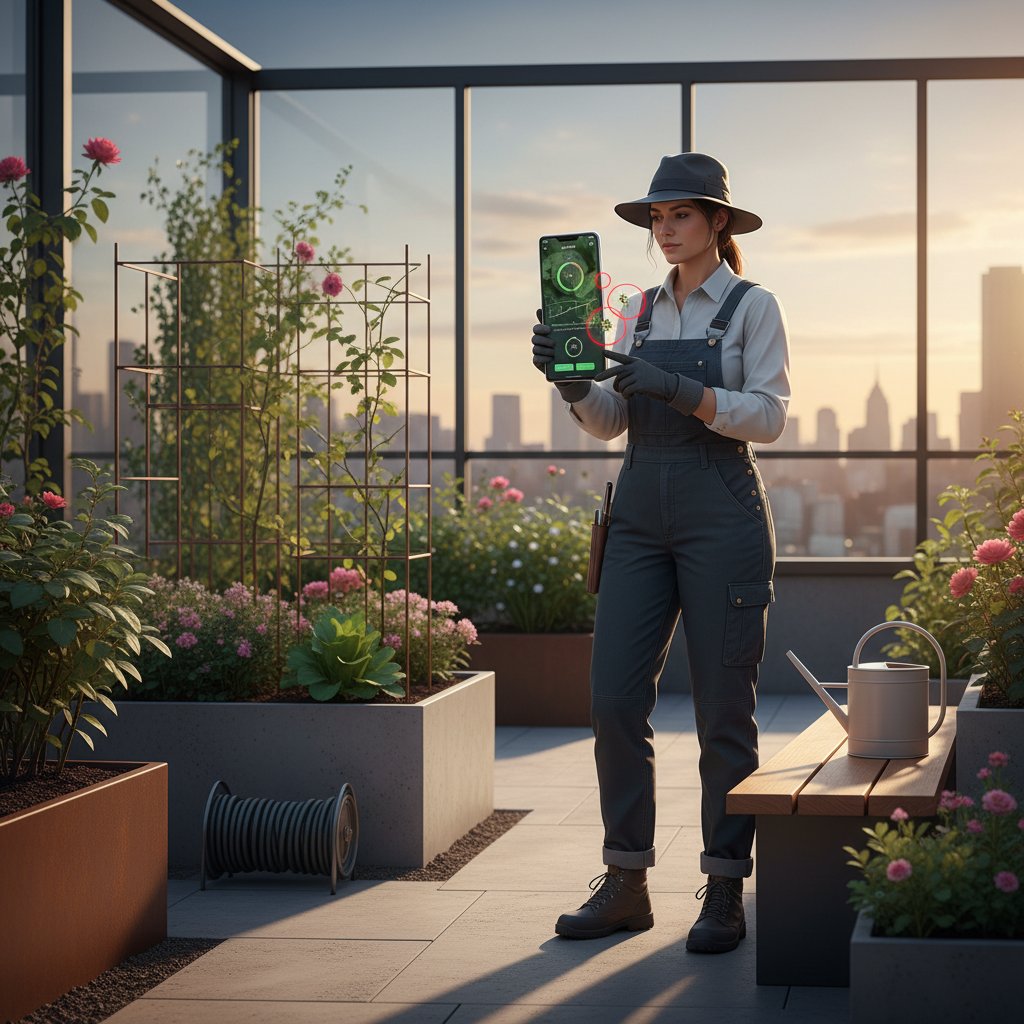 Nowoczesny ogrodnik używający aplikacji na smartfonie do monitorowania mszyc, tło: ogród
