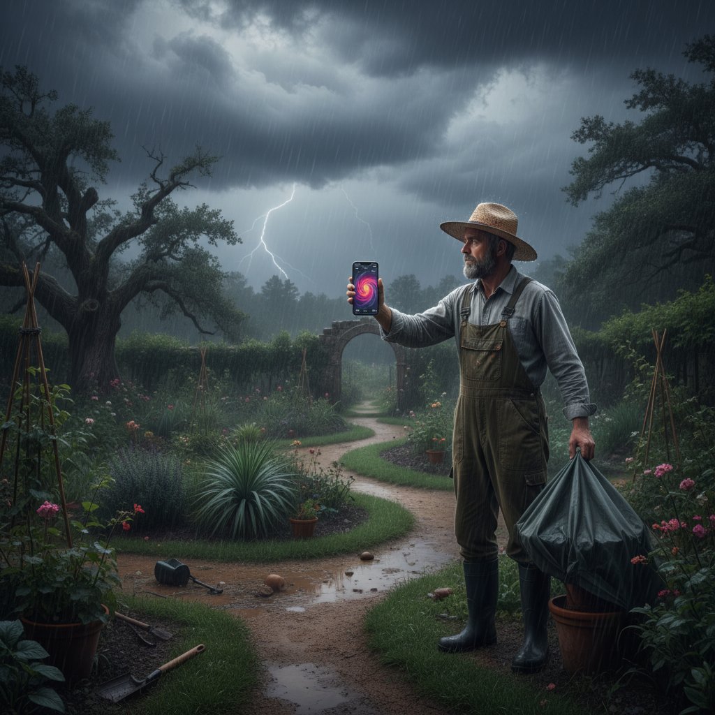 Człowiek pracujący w ogrodzie ze smartfonem i widoczną burzą w tle