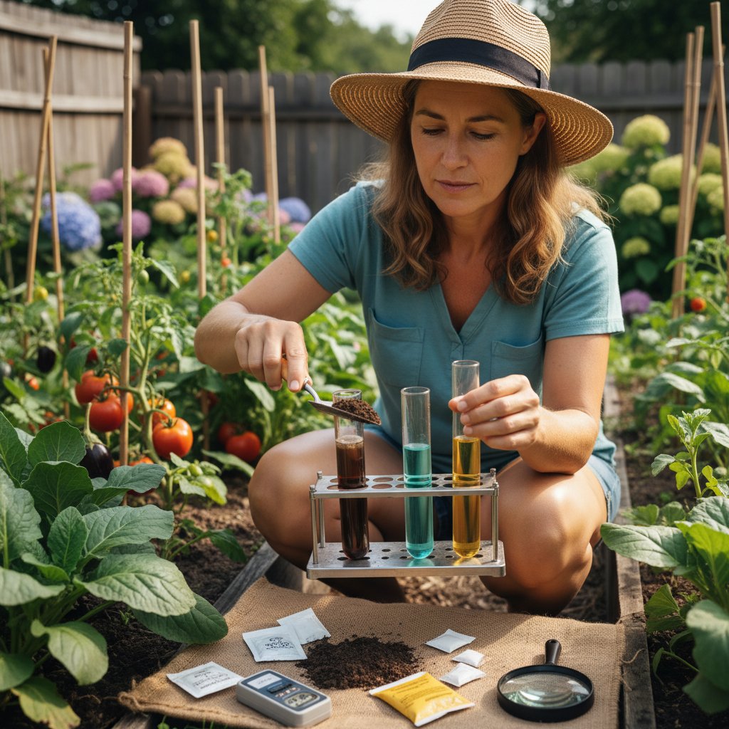 Ogrodnik z lupą i próbówkami, testujący próbki gleby w ogrodzie na tle roślin
