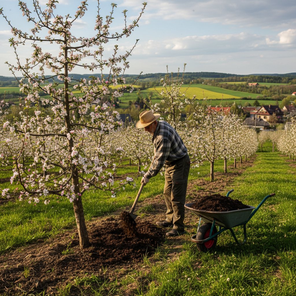 Ogrodnik rozsiewa kompost wokół pnia drzewa owocowego, nawożenie naturalne w polskim sadzie