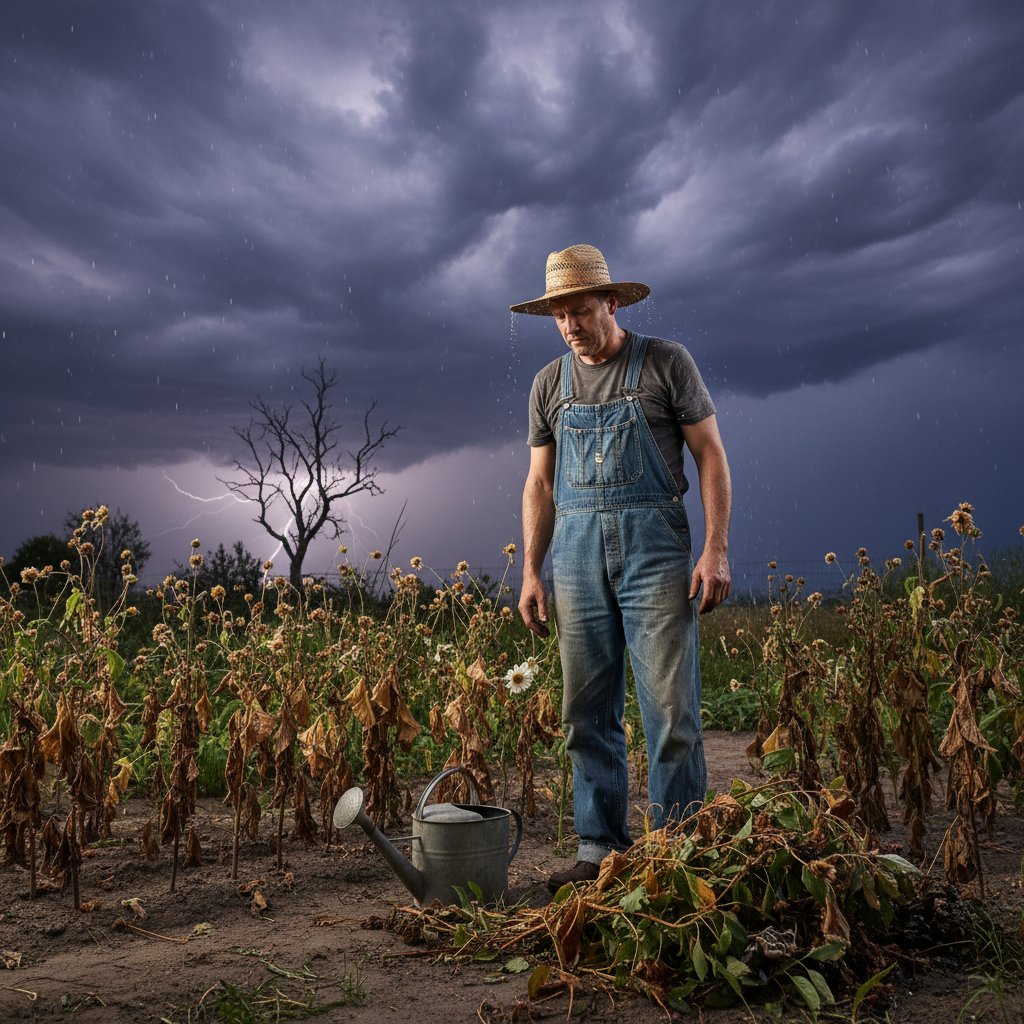 Zbliżenie na ogrodnika zmartwionego kondycją roślin po nieprzewidzianej burzy w polskim ogrodzie