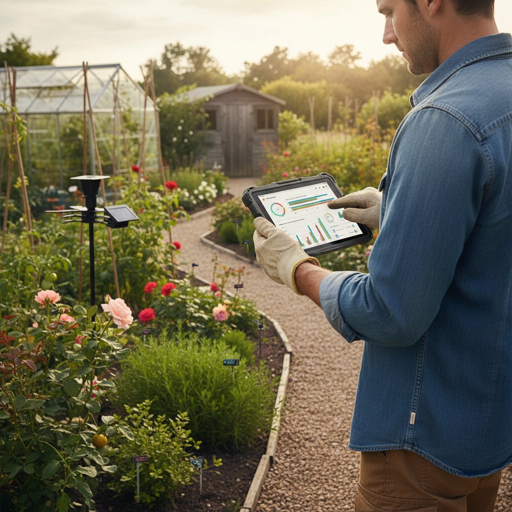 Ogrodnik korzystający z tabletu wśród sensorów i roślin w systemie inteligentnego nawożenia