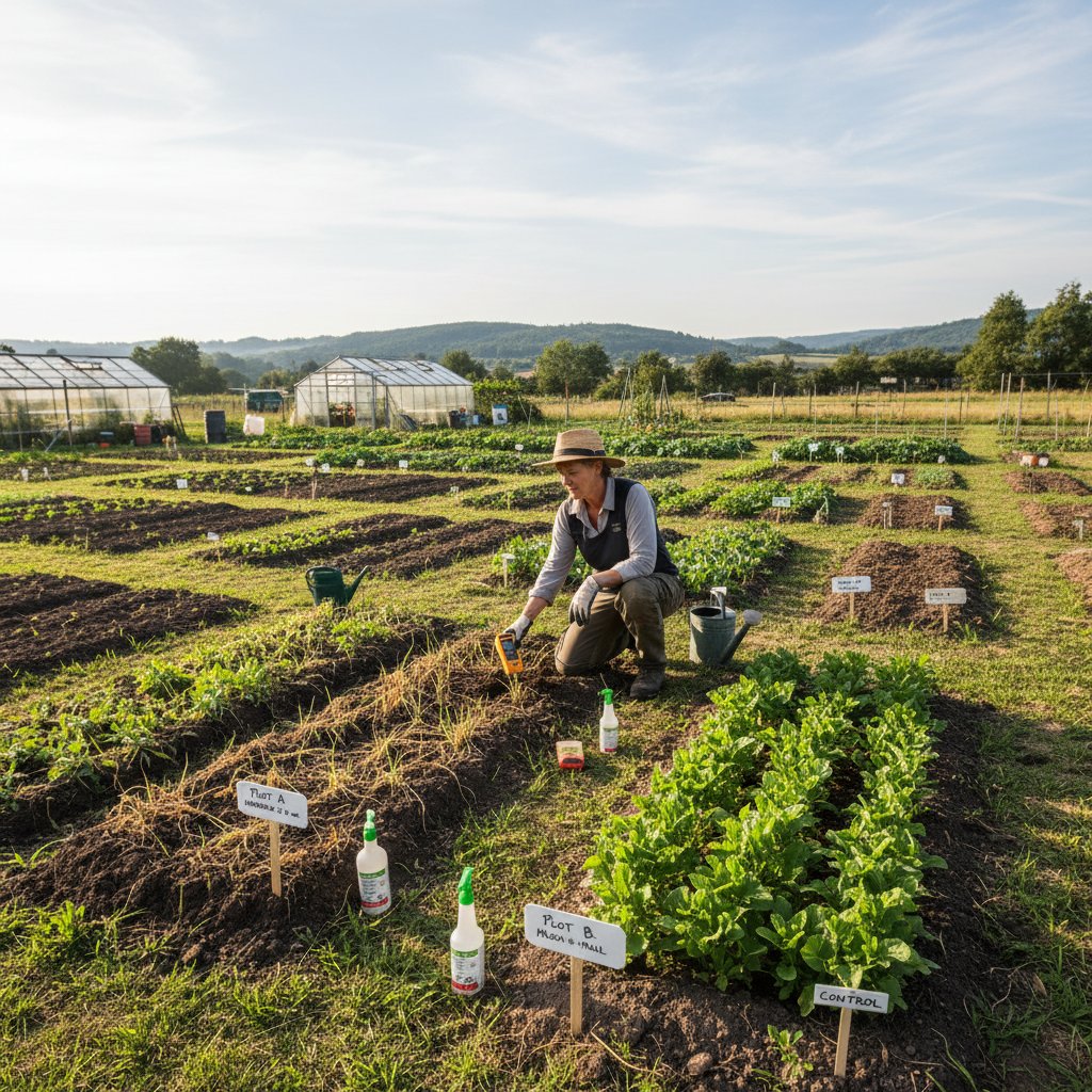 Ogrodnik testujący różne metody na chwasty w praktyce, widoczny eksperymentalny charakter pracy