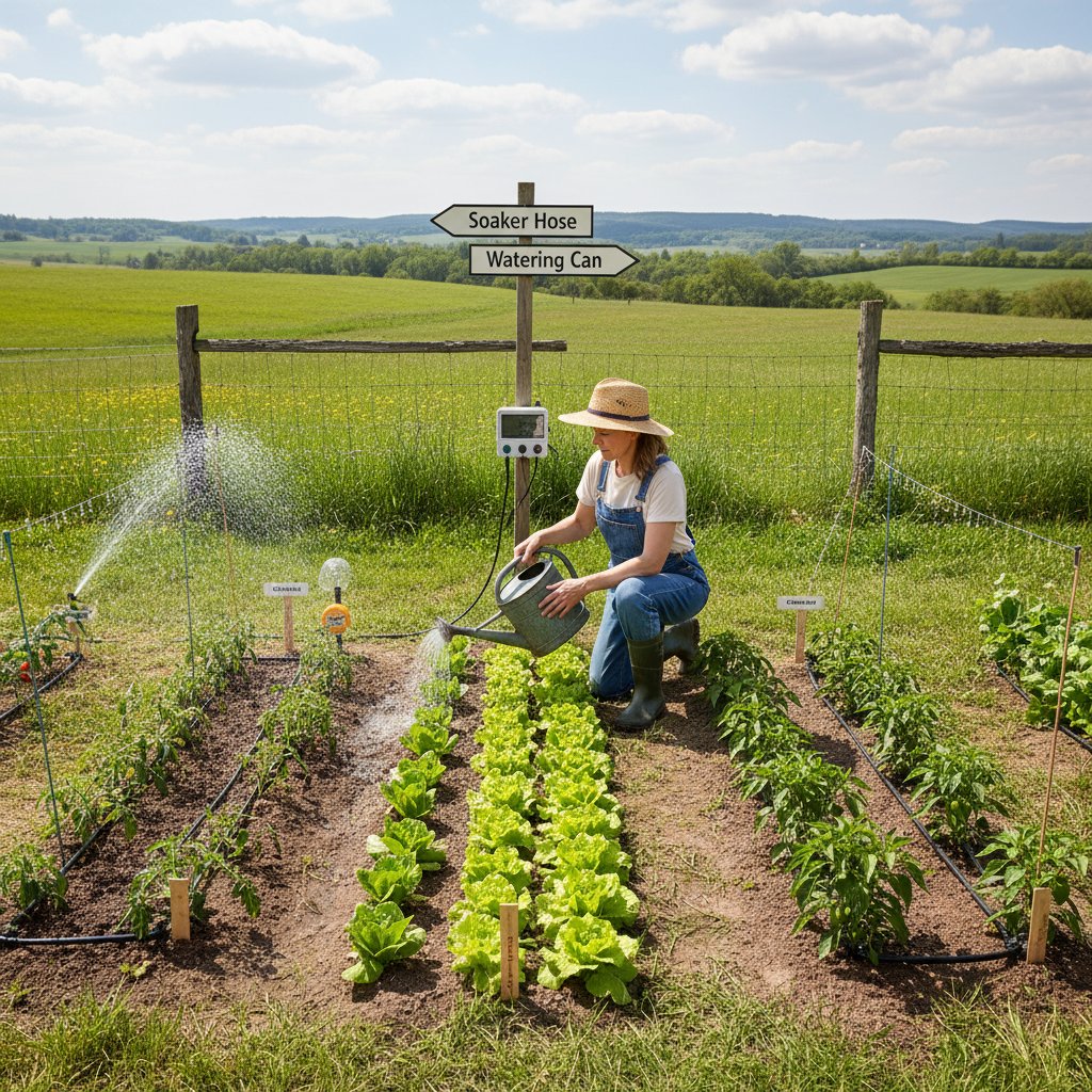 Ogrodnik testujący różne metody podlewania na rabacie