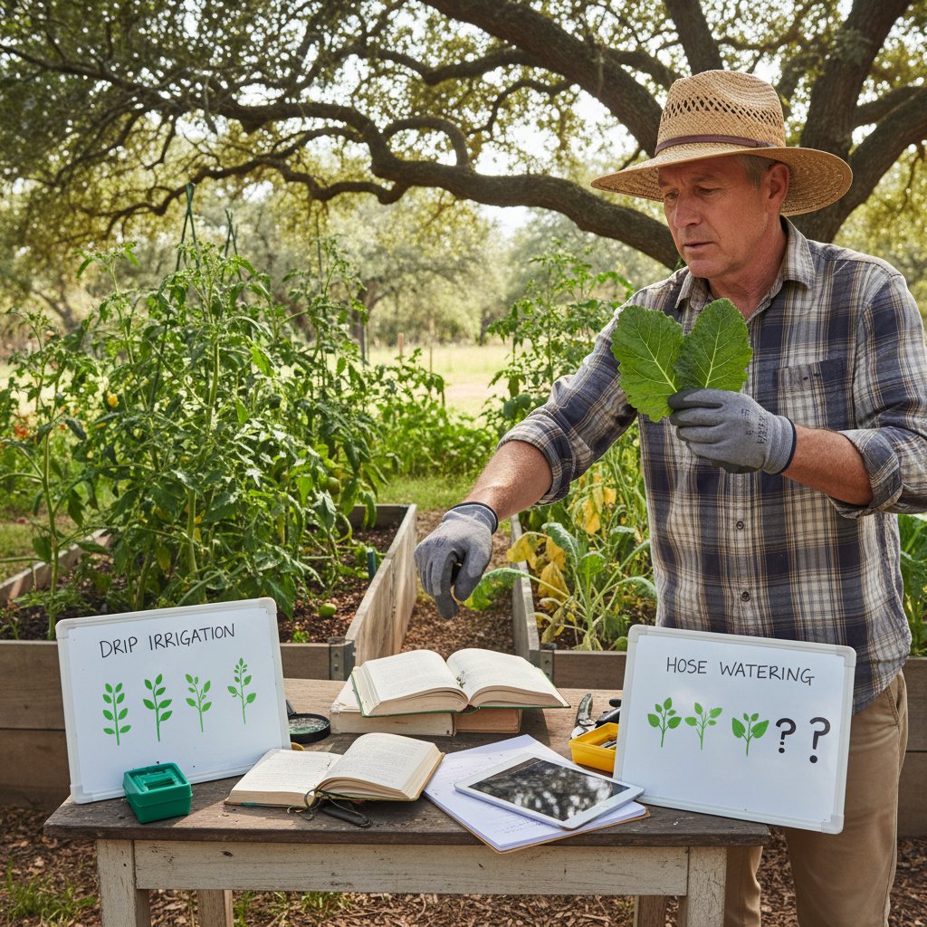 Mit kontra fakt w ogrodnictwie: zdjęcie ogrodnika analizującego liście i porównującego efekty dwóch metod pielęgnacji