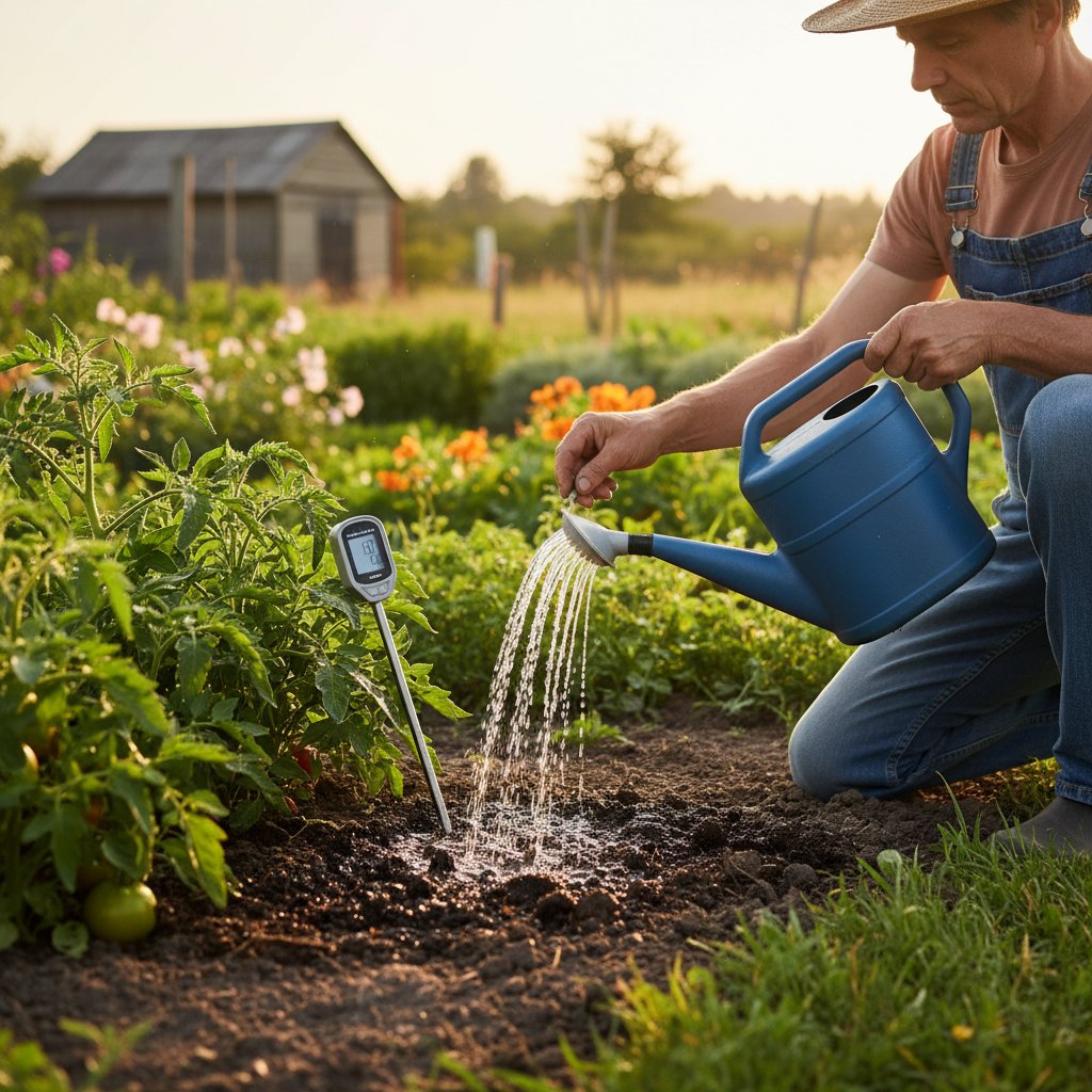 Ogrodnik sprawdzający wilgotność gleby i podlewający grządki o poranku