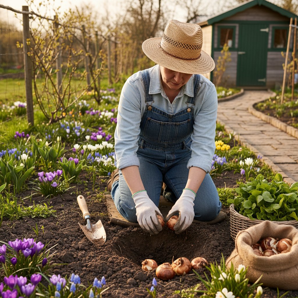 Ogrodnik przekopujący ziemię i sadzący cebule kwiatowe