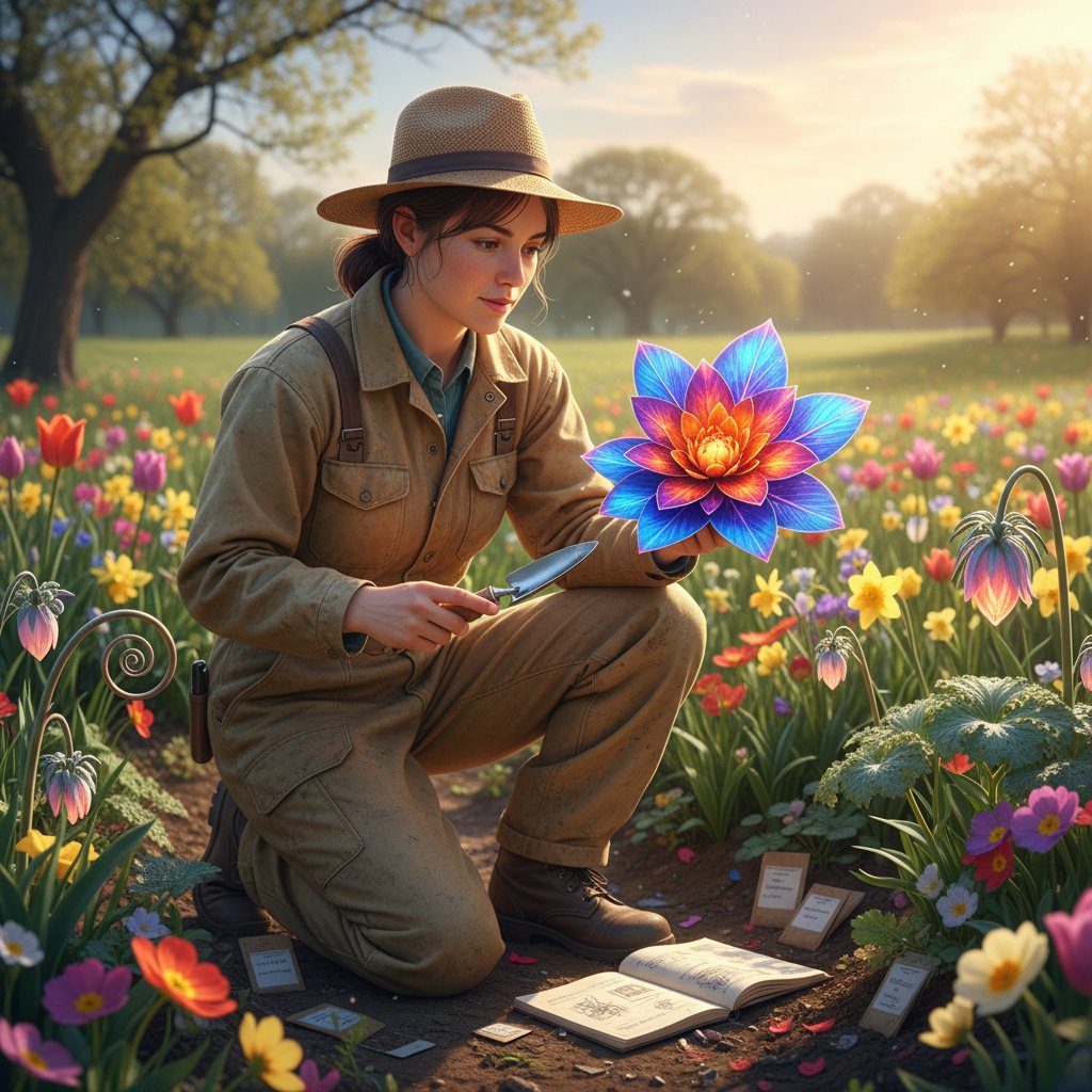 Ogrodnik testujący nowe gatunki kwiatów na kolorowej rabacie wiosną