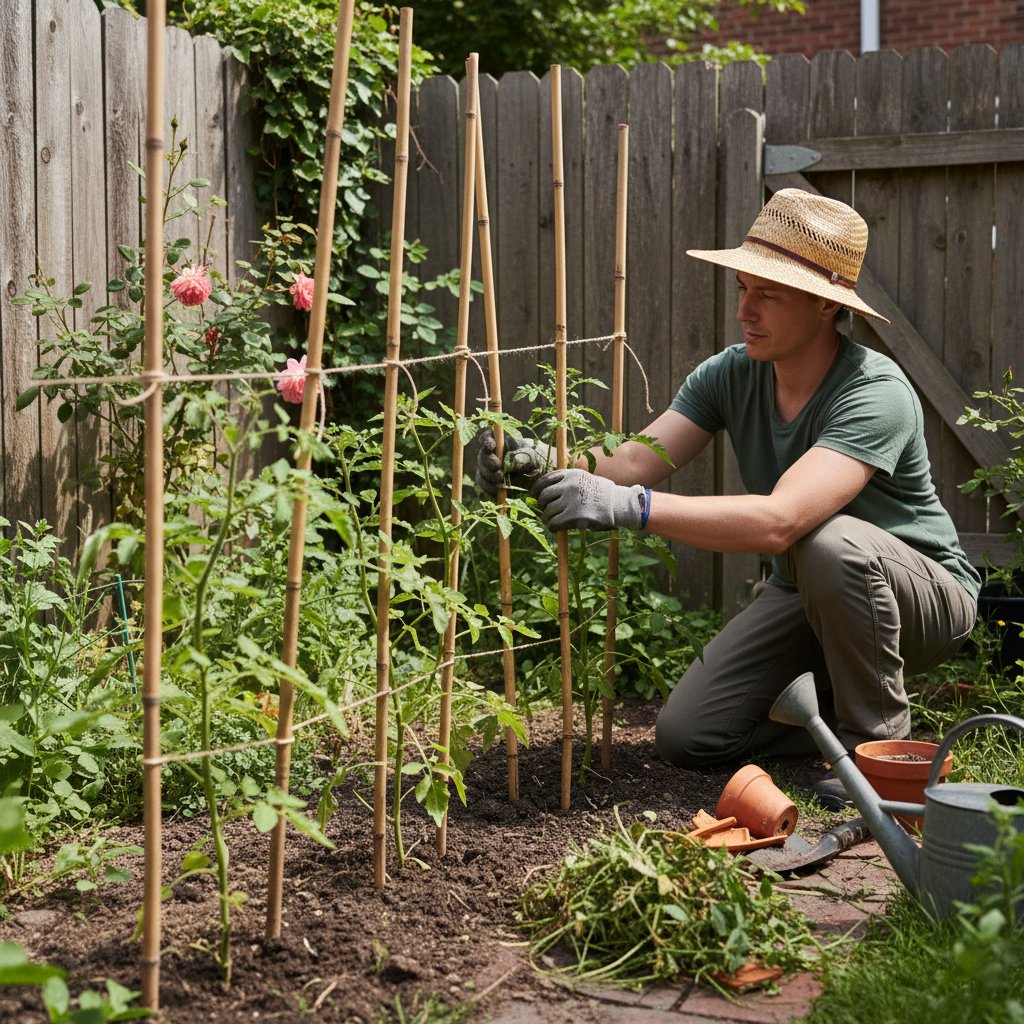 Ogrodnik dokonujący poprawek w nieudanym ogrodzie