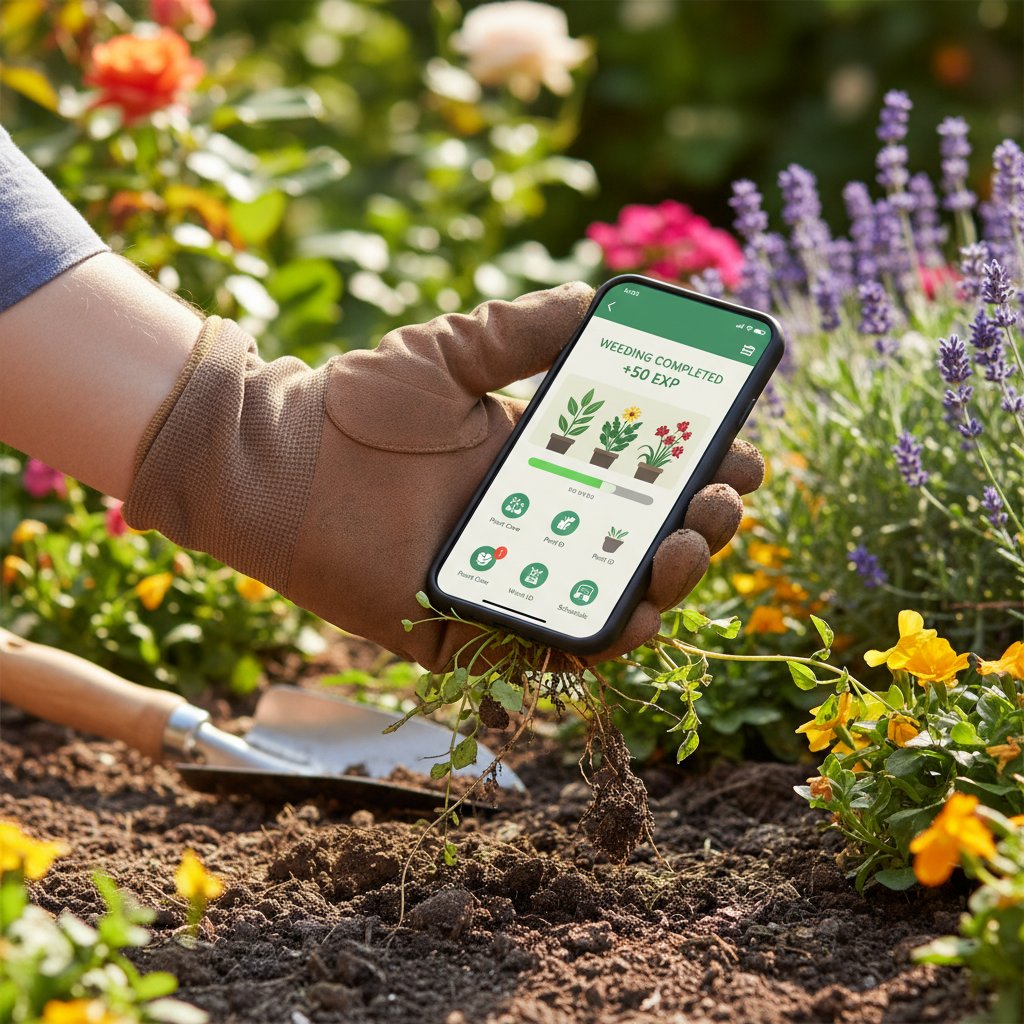 Ręce ogrodnika wyrywające chwasty w tradycyjny sposób obok nowoczesnego telefonu z aplikacją ogrodniczą