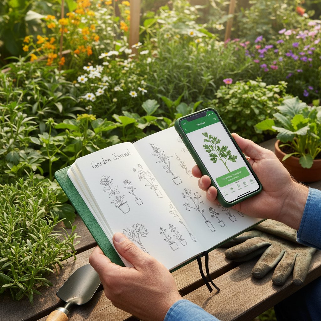 Ręce ogrodnika z notesem i smartfonem w ogrodzie, porównanie tradycji z nowoczesnością