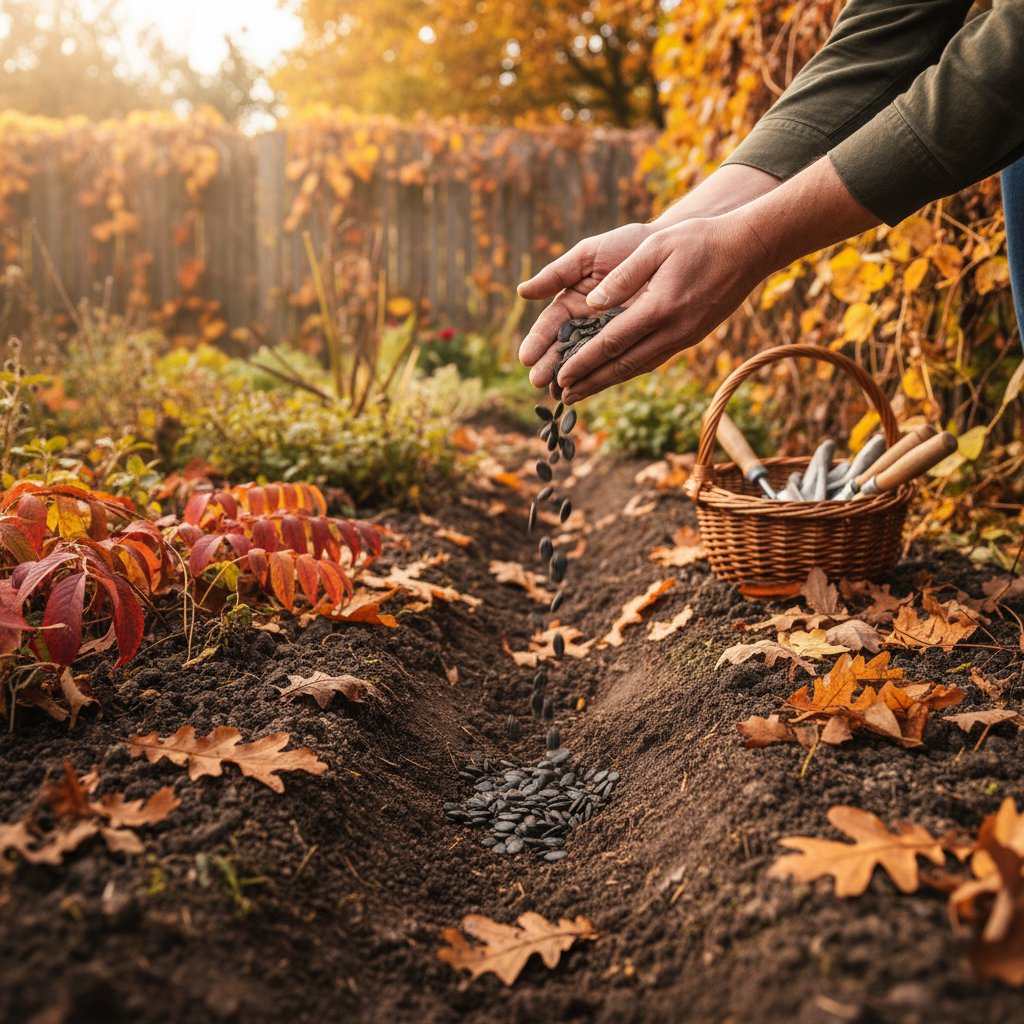 Zbliżenie na dłonie ogrodnika wysiewającego nasiona przez sitko na wilgotnej glebie