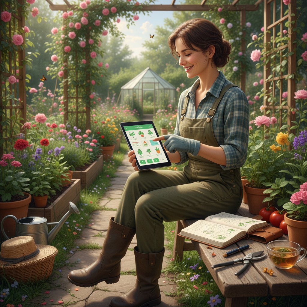Ogrodnik notuje doświadczenia z aplikacjami, dziennik ogrodniczy w ręku, w tle ogród