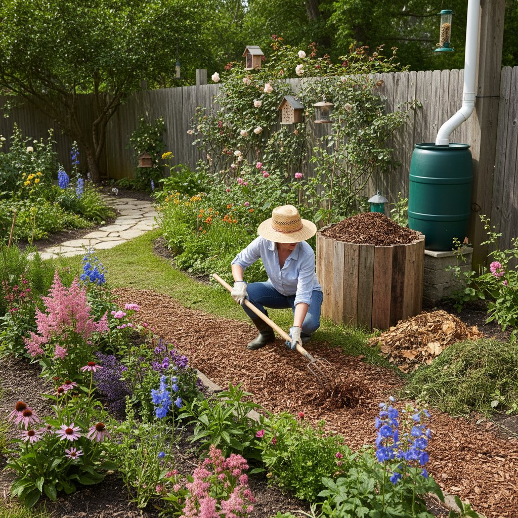 Ogrodnik ściółkujący rabatę dla przedłużenia kwitnienia, techniki ekologiczne