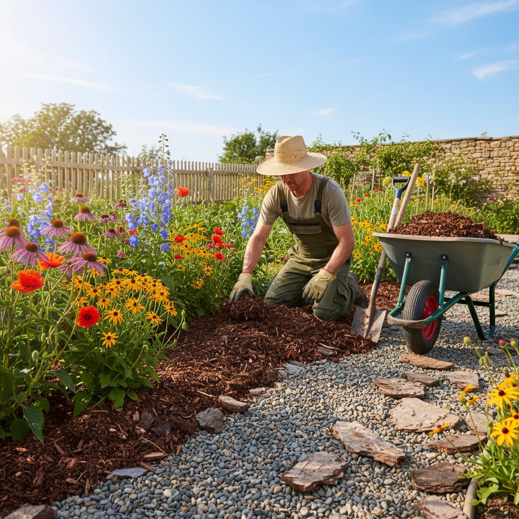 Ręce ogrodnika rozkładające żwir i korę na rabacie, w tle słońce i kwitnące byliny