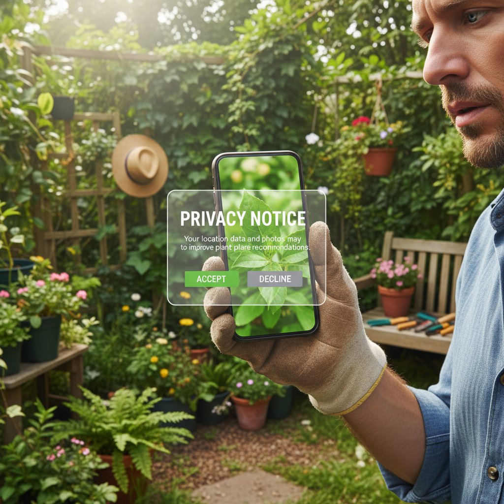 Telefon ogrodnika z wyeksponowanym komunikatem o prywatności, zieleń w tle