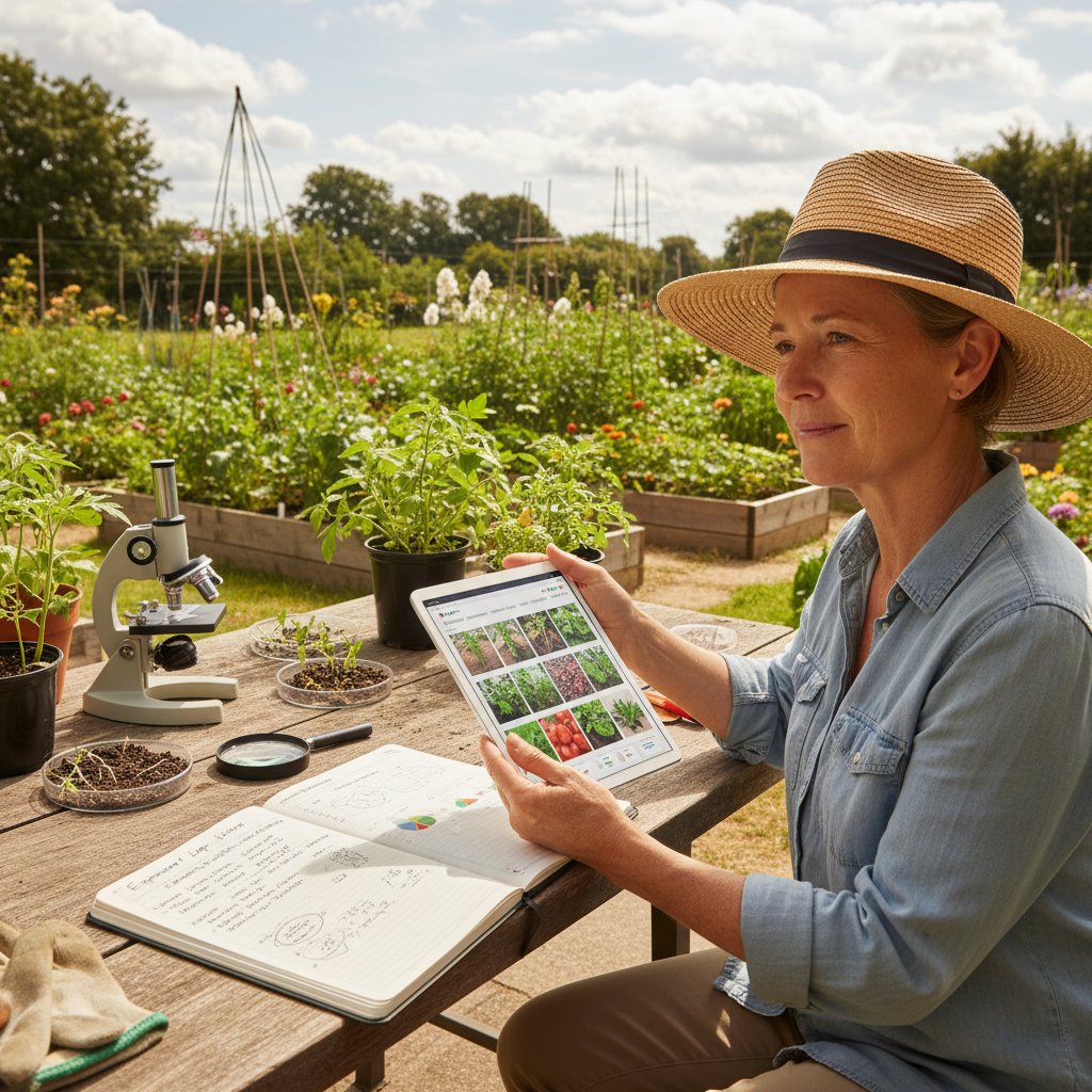 Ogrodnik analizujący archiwalne zdjęcia swojego ogrodu, notatki i efekty eksperymentów