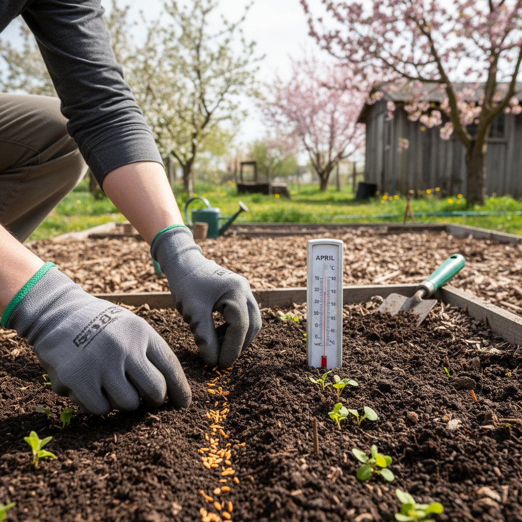 Ogrodnik siejący nasiona marchwi i sałaty w pierwszych dniach kwietnia, z termometrem w glebie