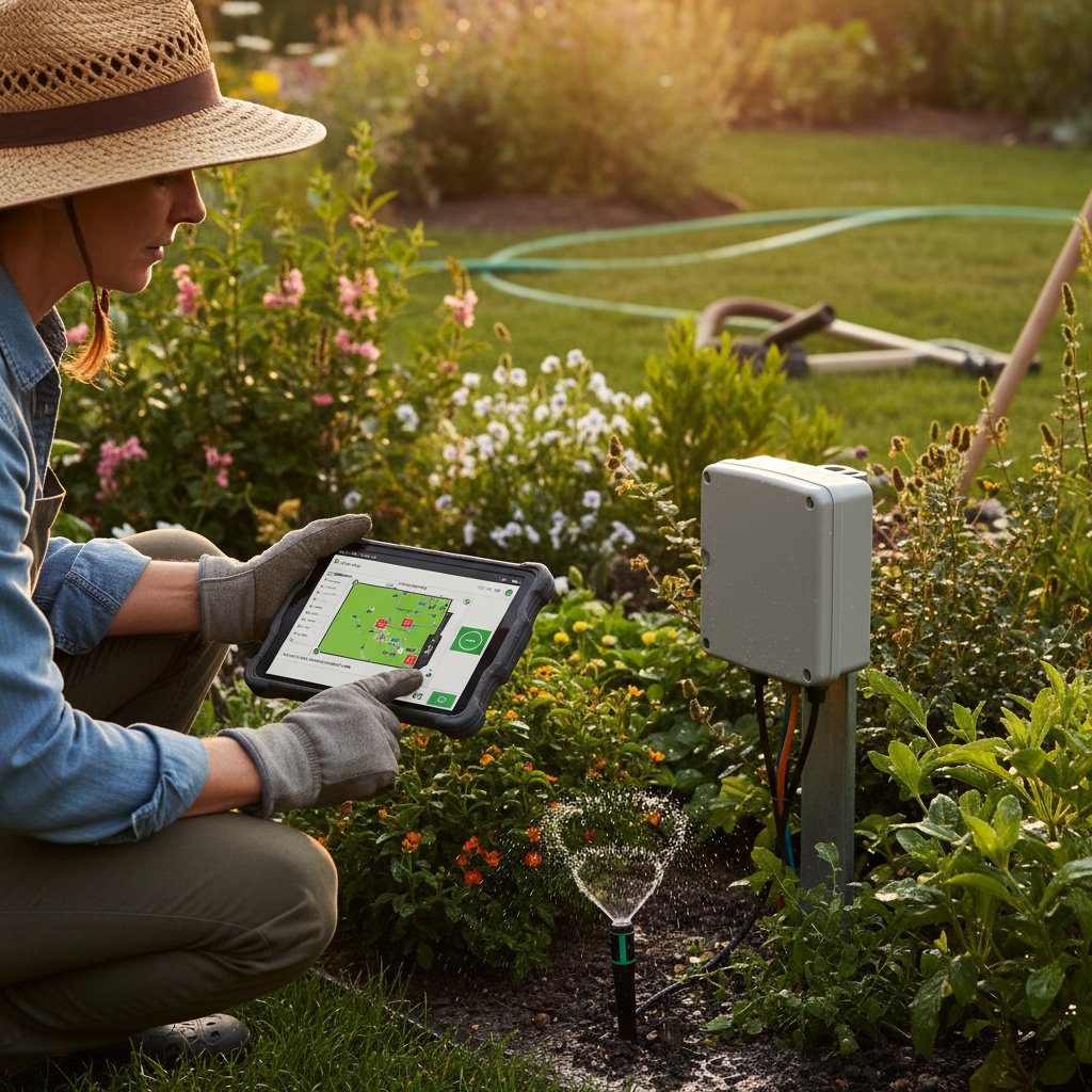 Ogrodnik testujący ustawienia sterownika systemu przez aplikację na tablecie