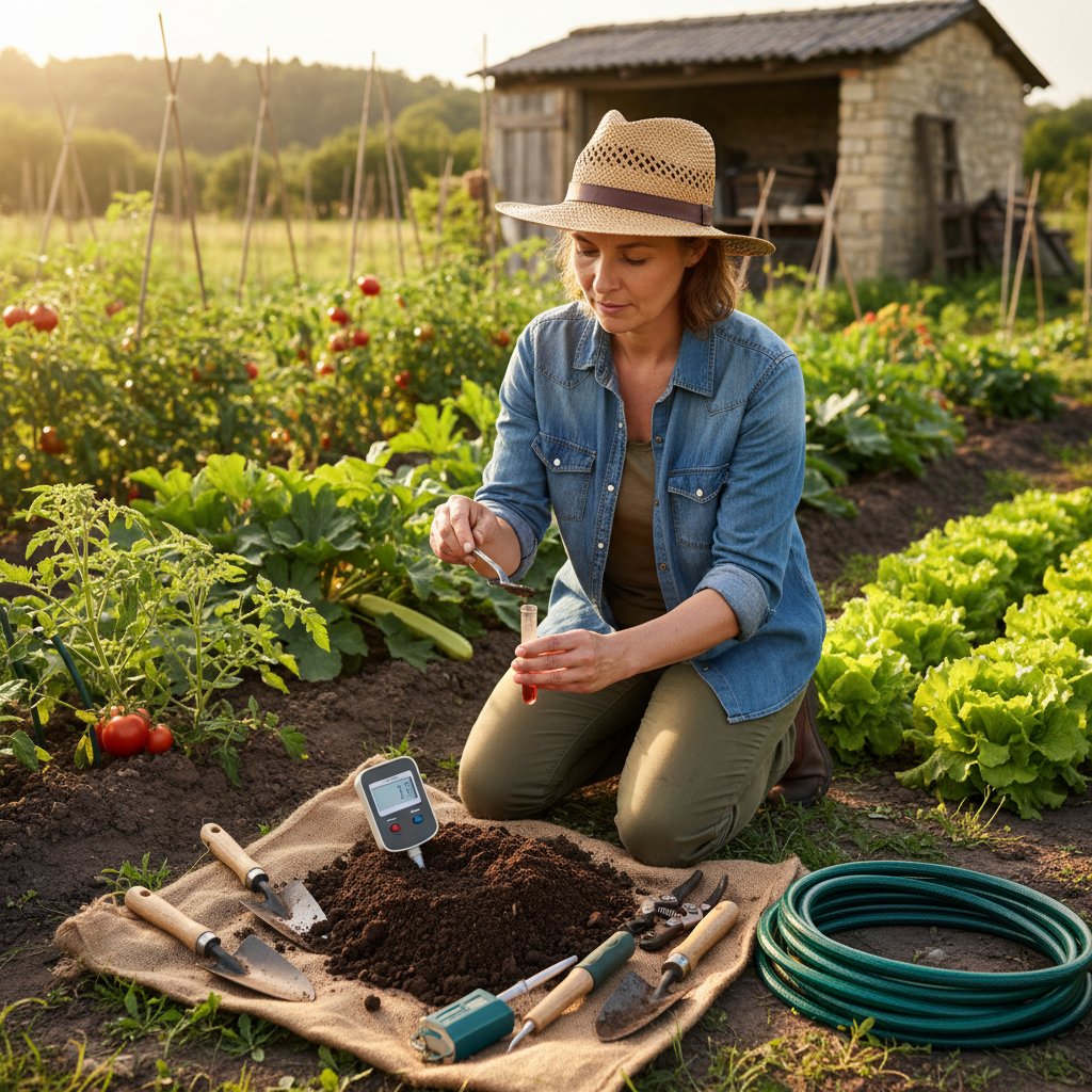 Ogrodnik badający próbkę gleby w ogrodzie, widoczne narzędzia do analizy