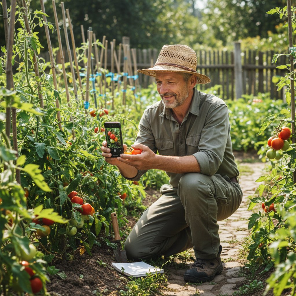 Ogrodnik Tomek dokumentuje wzrost pomidorów na smartfonie w swoim ogrodzie