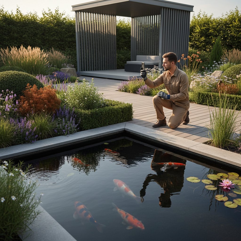 Osoba korzystająca z aplikacji ogrodniczej przy oczku wodnym, nowoczesny ogród