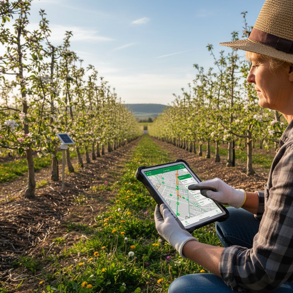 Ogrodnik korzystający z aplikacji na tablecie, w tle rzędy młodych drzew owocowych