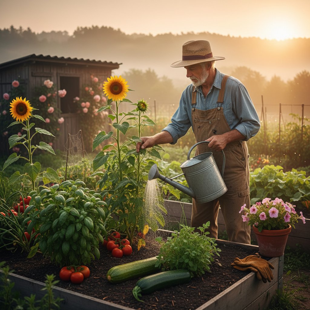Ogrodnik podlewający i sprawdzający rośliny o świcie, autentyczna scena