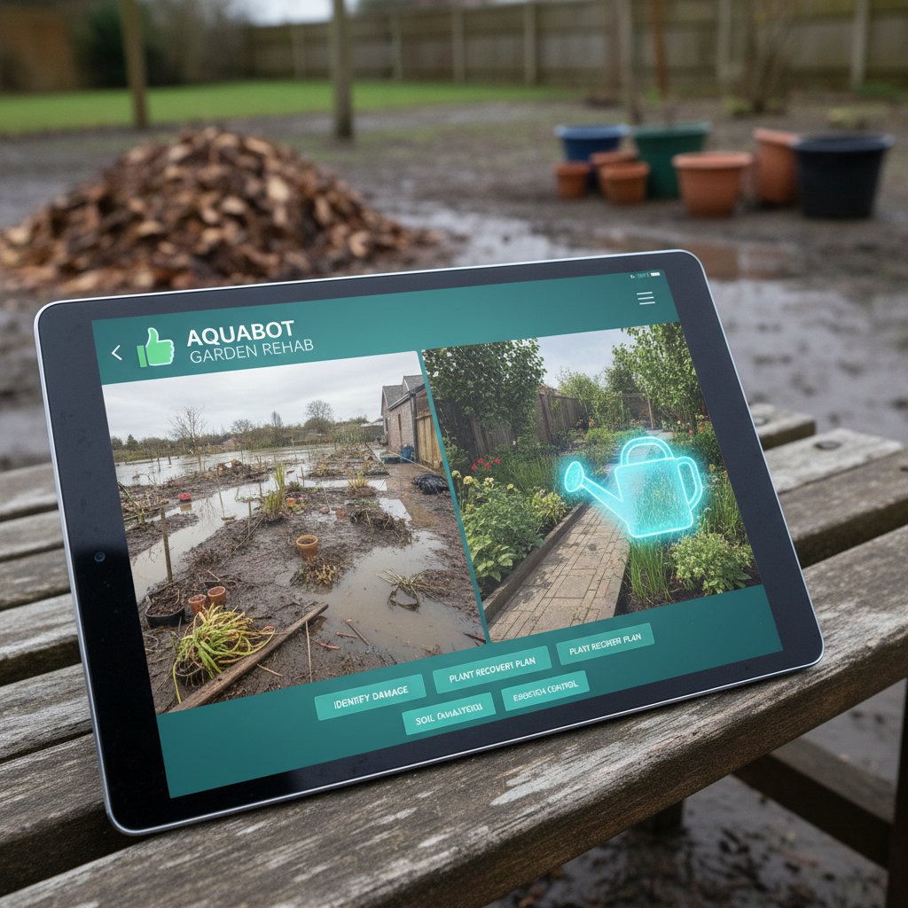 Ekspert ogrodniczy i nowoczesna aplikacja ogrodnicza pracujący nad planem po ulewie