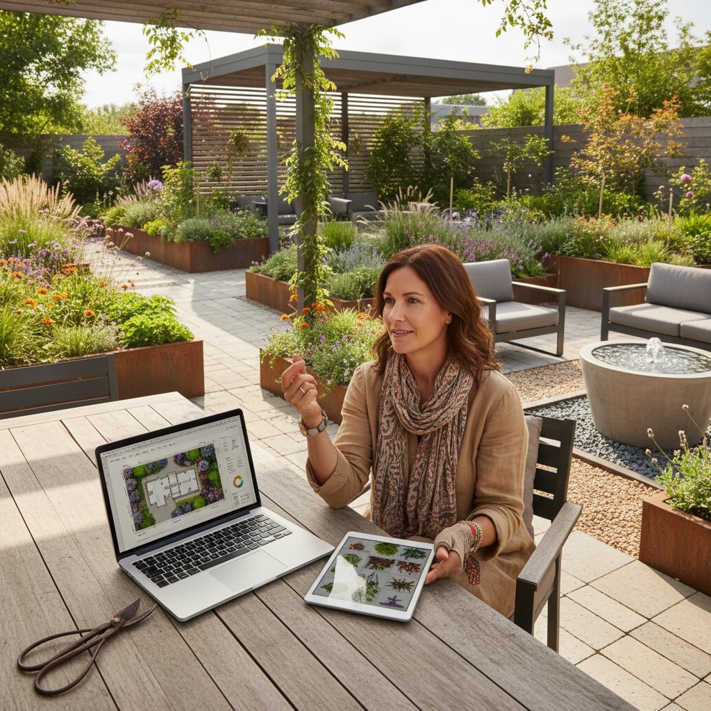 Spotkanie z ekspertem ogrodniczym przy laptopie, nowoczesny ogród w tle