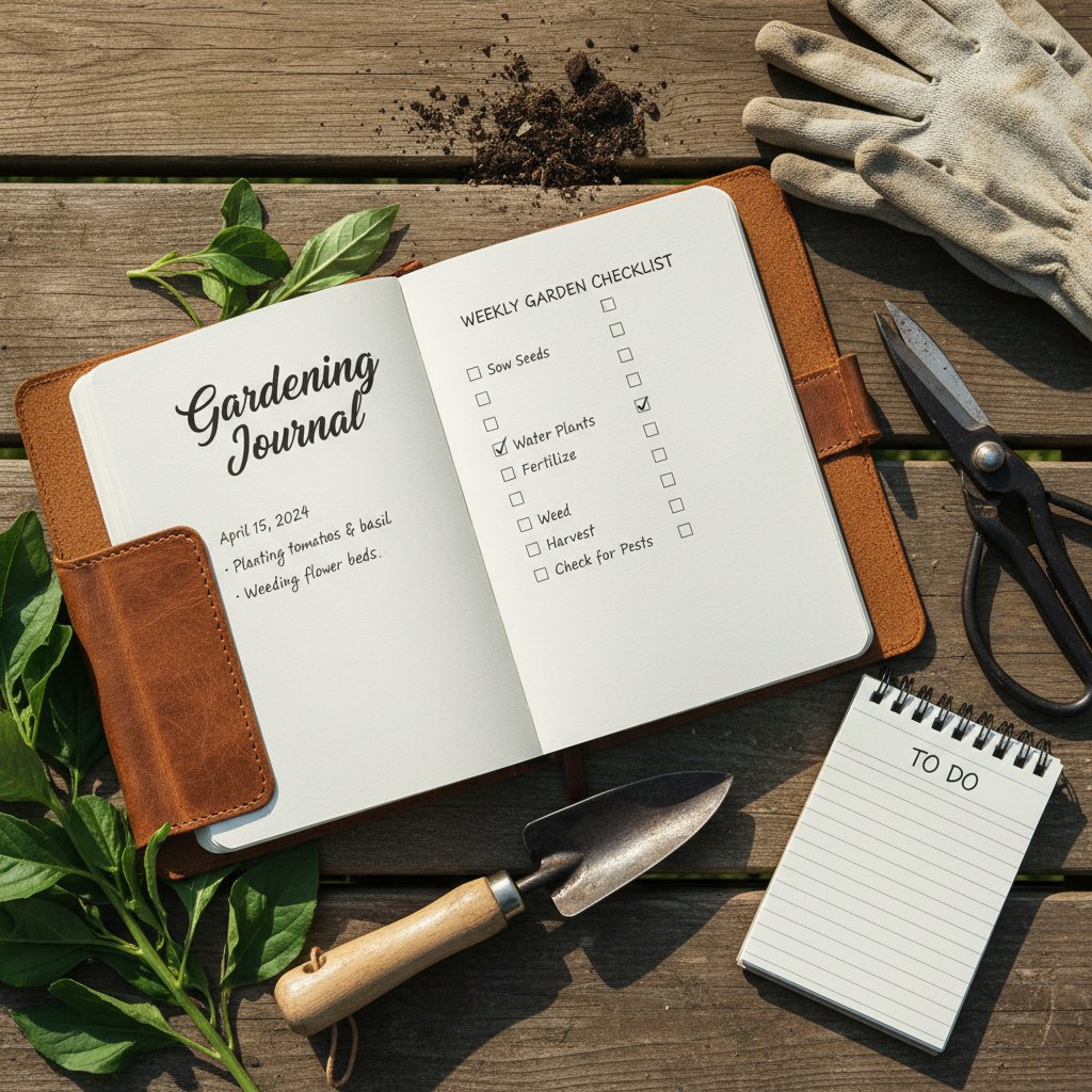 Zbliżenie na dziennik ogrodniczy i checklistę z narzędziami ogrodnika