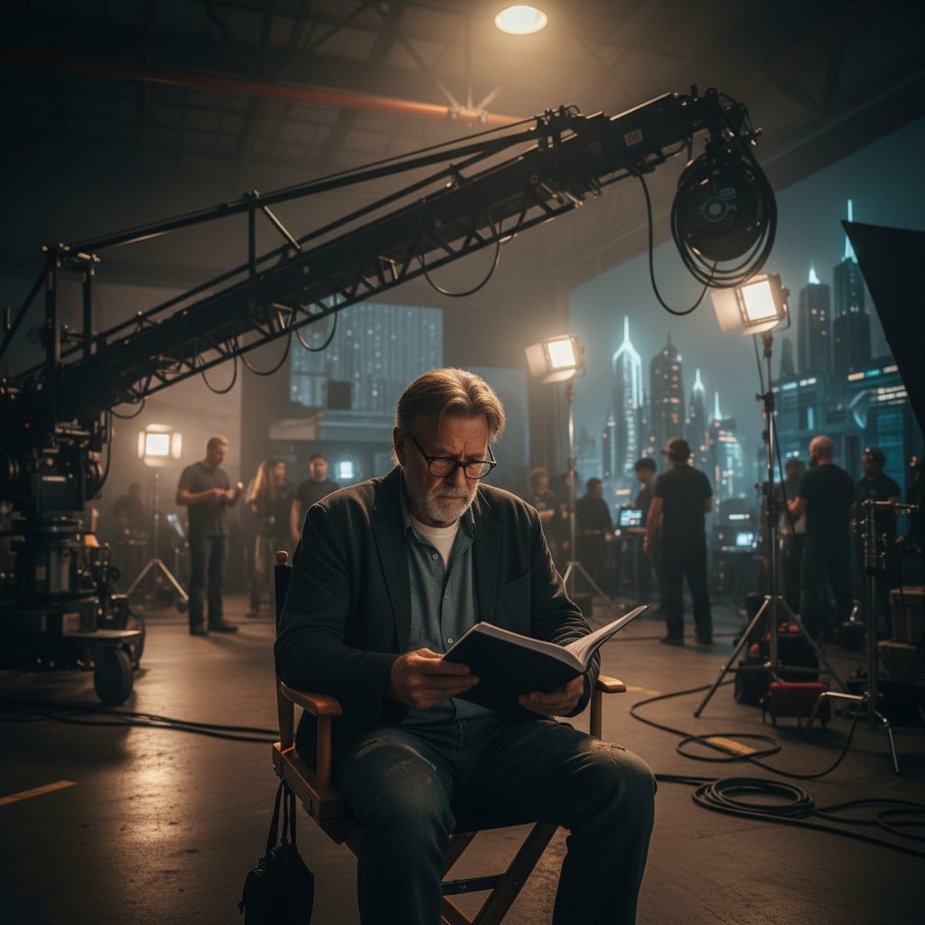 Moody, cinematic shot of Gary Oldman reading a script on a modern film set for a new movie role