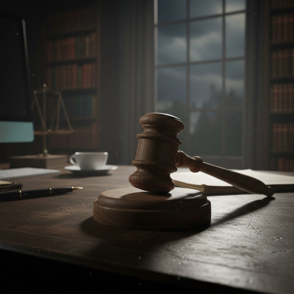 Symbolic gavel in legal thriller, dramatic lighting