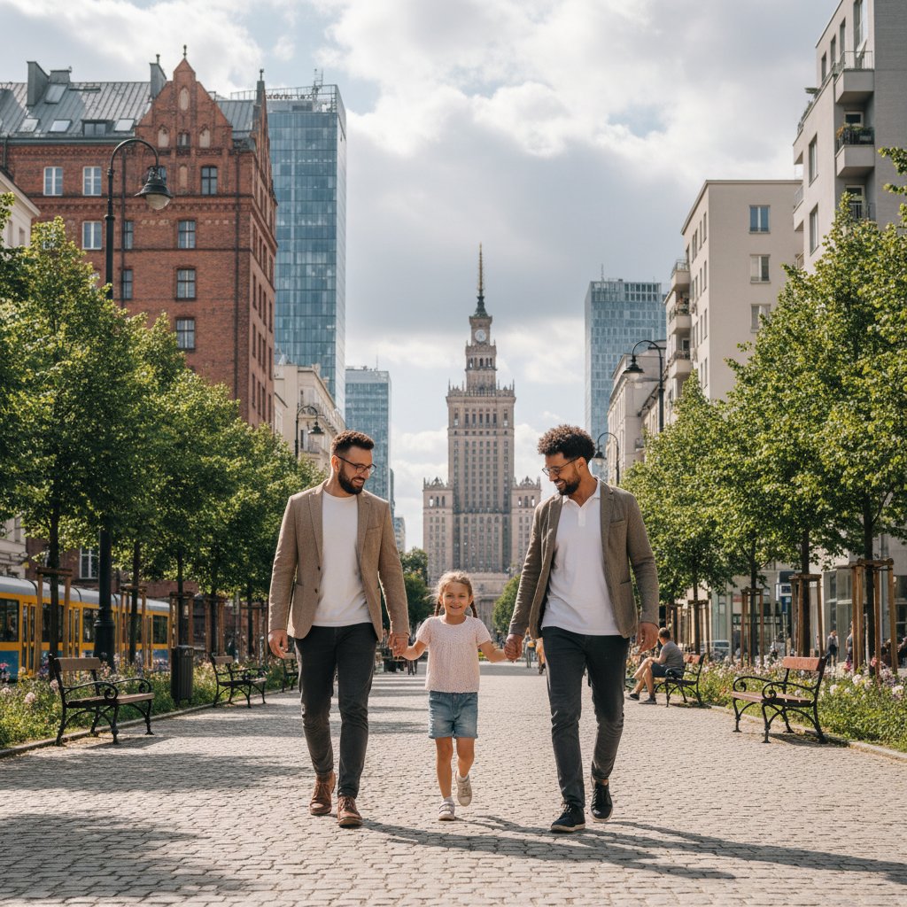 Para gejów z dzieckiem na spacerze w Warszawie – realistyczne, dokumentalne zdjęcie