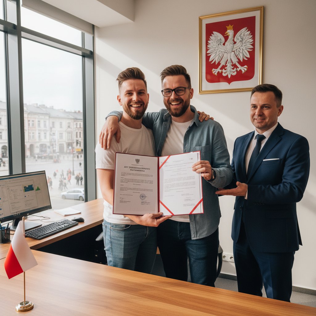 Zdjęcie dokumentujące różnice prawne: para gejów z dokumentami na tle urzędu w Polsce