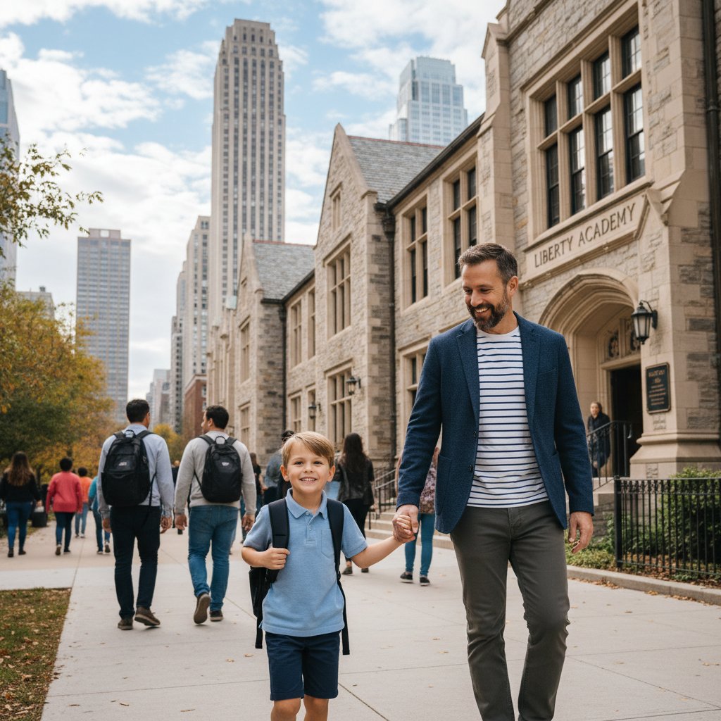 Ojciec-gej prowadzi dziecko do przedszkola w miejskim krajobrazie