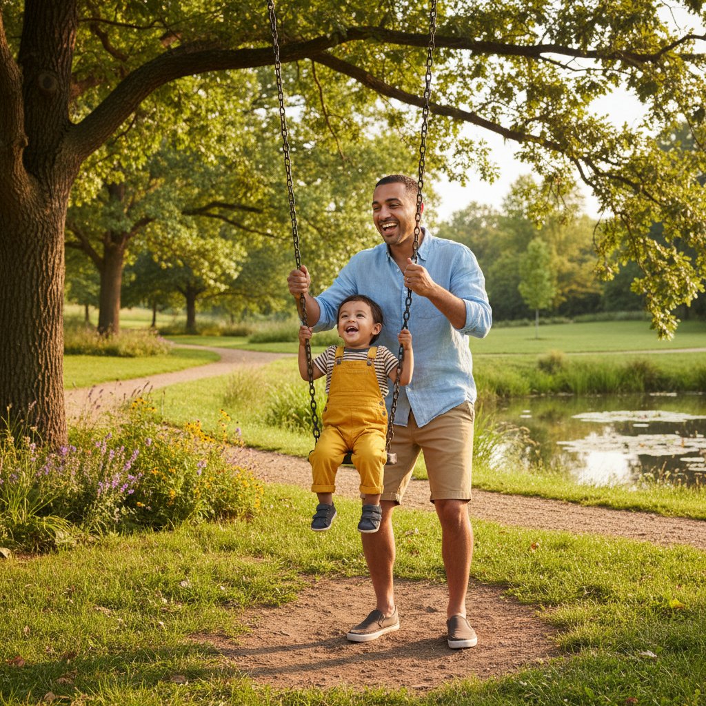 Ojciec-gej bawiący się z dzieckiem w parku, naturalna scena codziennego życia