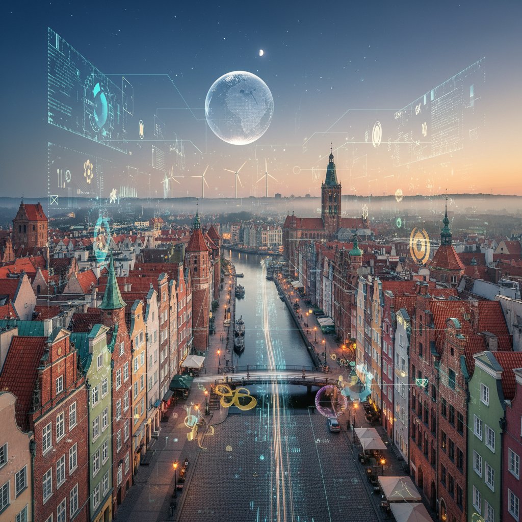 Panorama Gdańska z lotu ptaka, widoczne symbole technologii i historyczna zabudowa