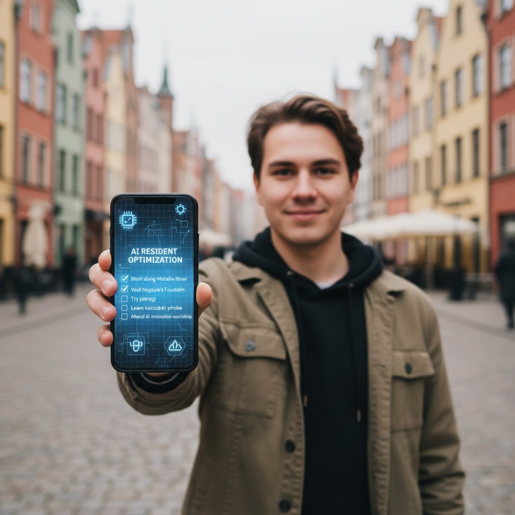 Mieszkaniec Gdańska odhaczający checklistę gotowości na AI na smartfonie