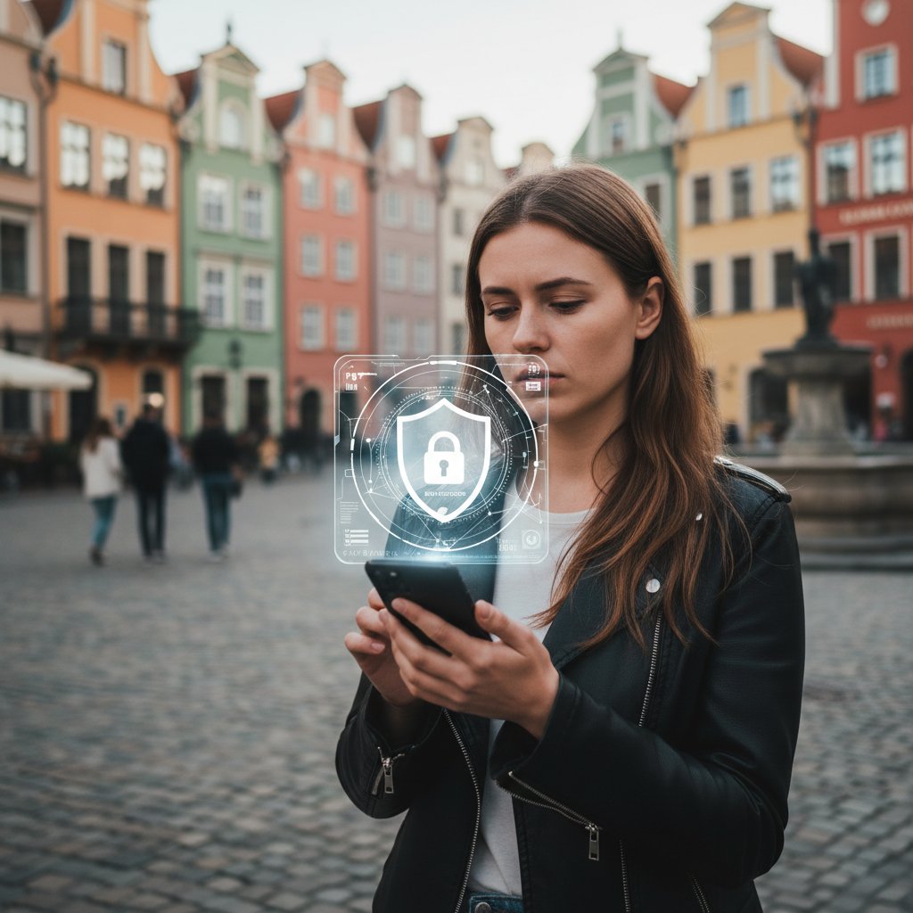 Mieszkaniec Gdańska sprawdzający aplikację AI na swoim telefonie, z widocznym symbolem prywatności