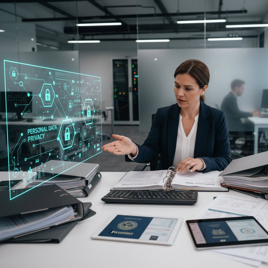 Specjalista ds. RODO analizuje dokumenty w firmie IT, na ekranie dane osobowe