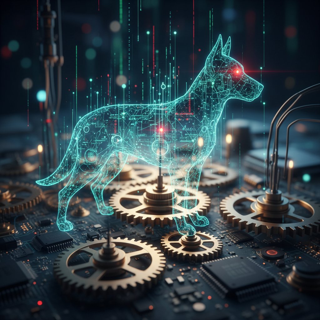 Algorytmy AI tworzące postać psa – wizualizacja techniczna, zębatki i układy scalone