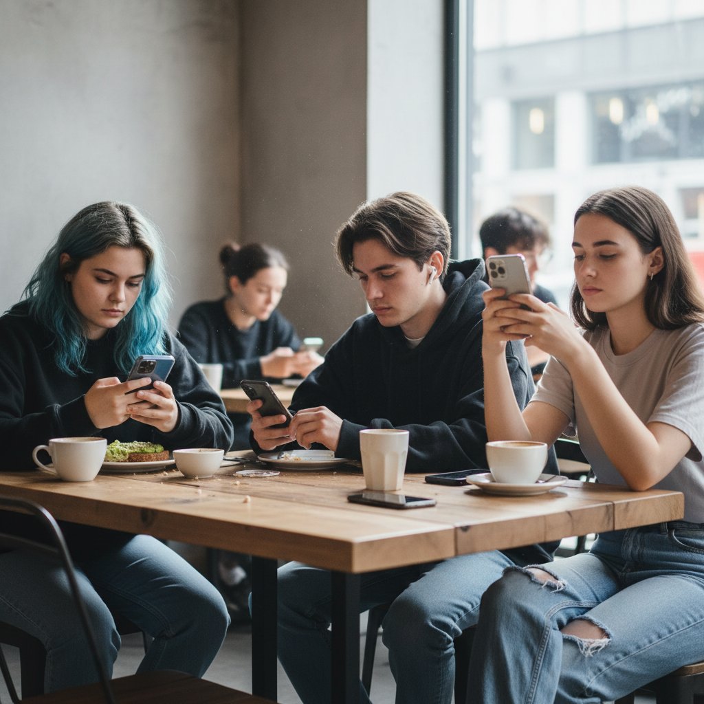 Grupa młodych ludzi w kawiarni, każdy patrzy w swój telefon, dystans emocjonalny