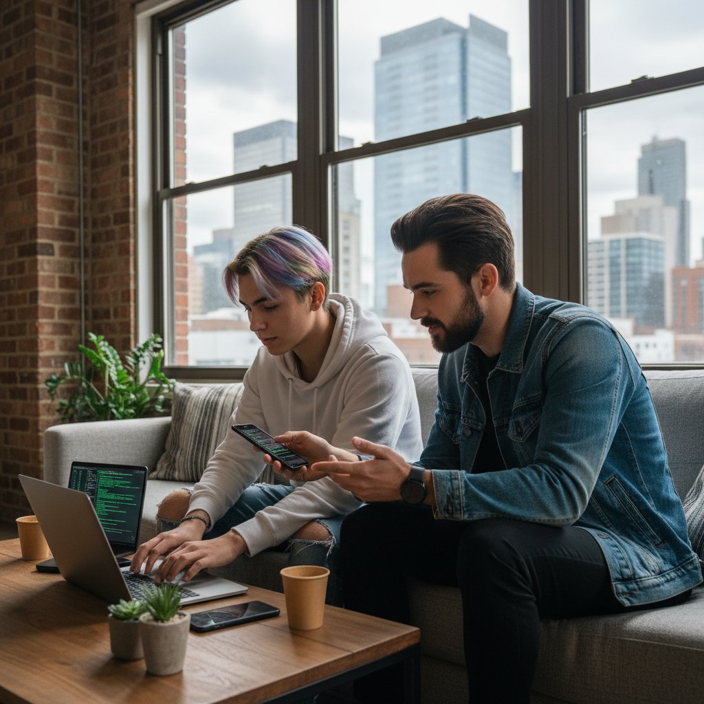 Różnice pokoleniowe w nauce html online – Gen Z z telefonem przy kodowaniu, Millenialsi z laptopem