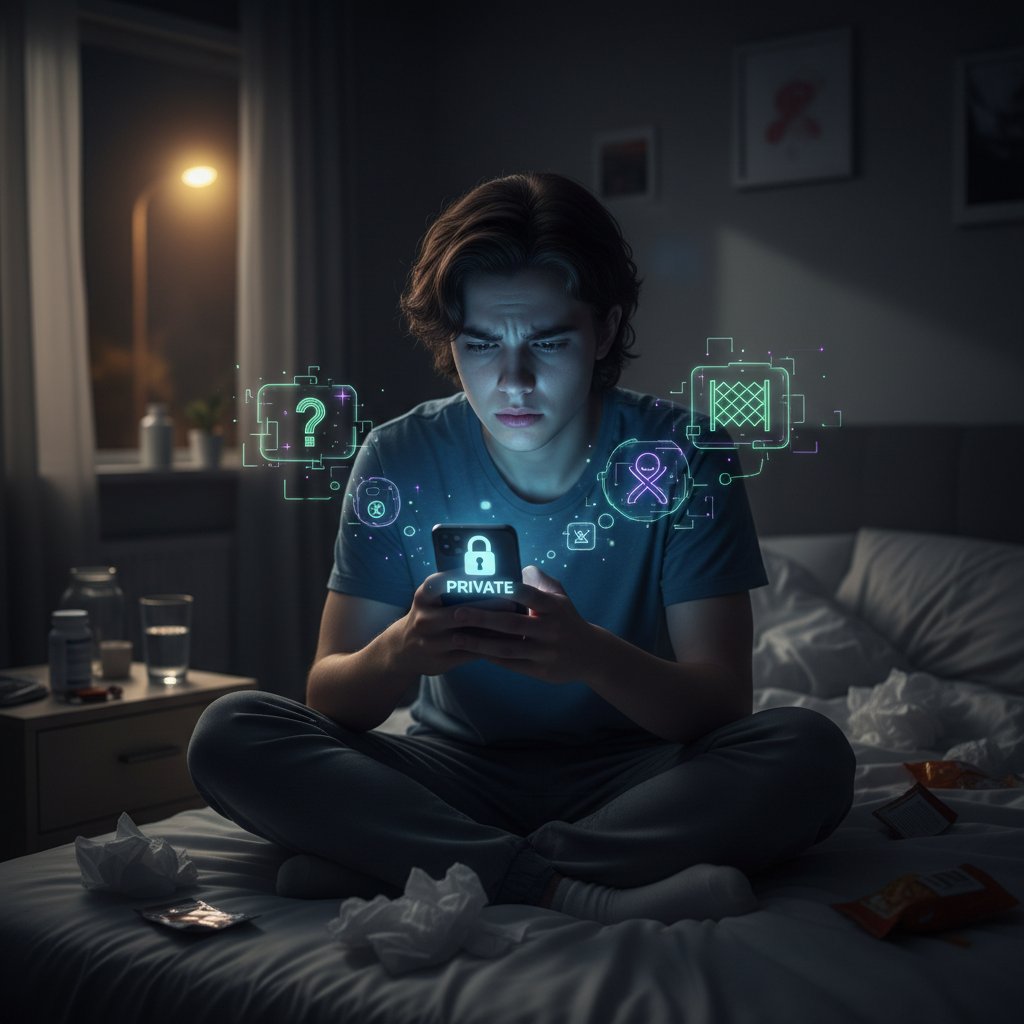 Pokolenie Z korzystające z telefonu w nocy, szukające informacji o zdrowiu seksualnym online, z nutą niepokoju