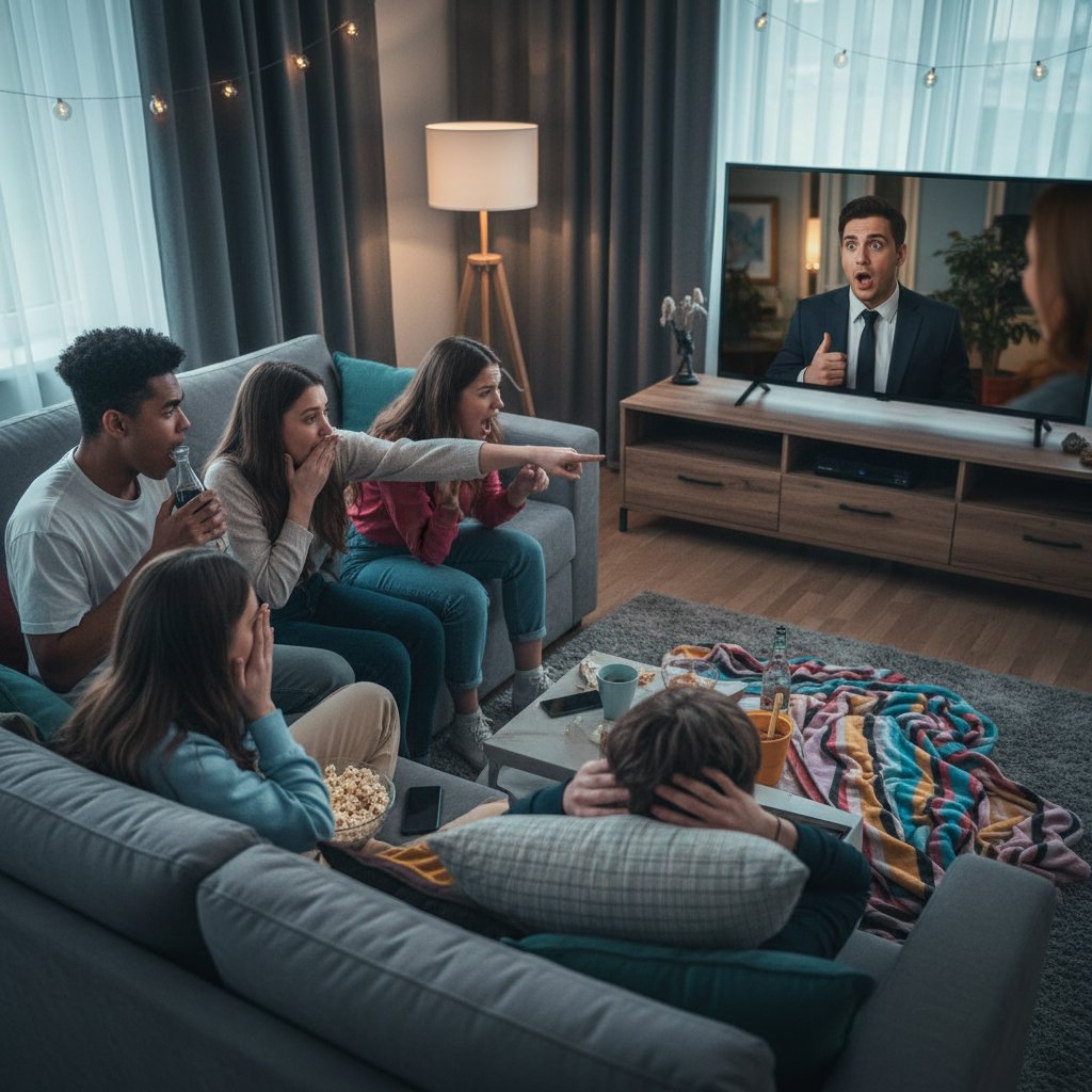 Gen Z viewers streaming a romantic comedy together, reacting to a plot twist