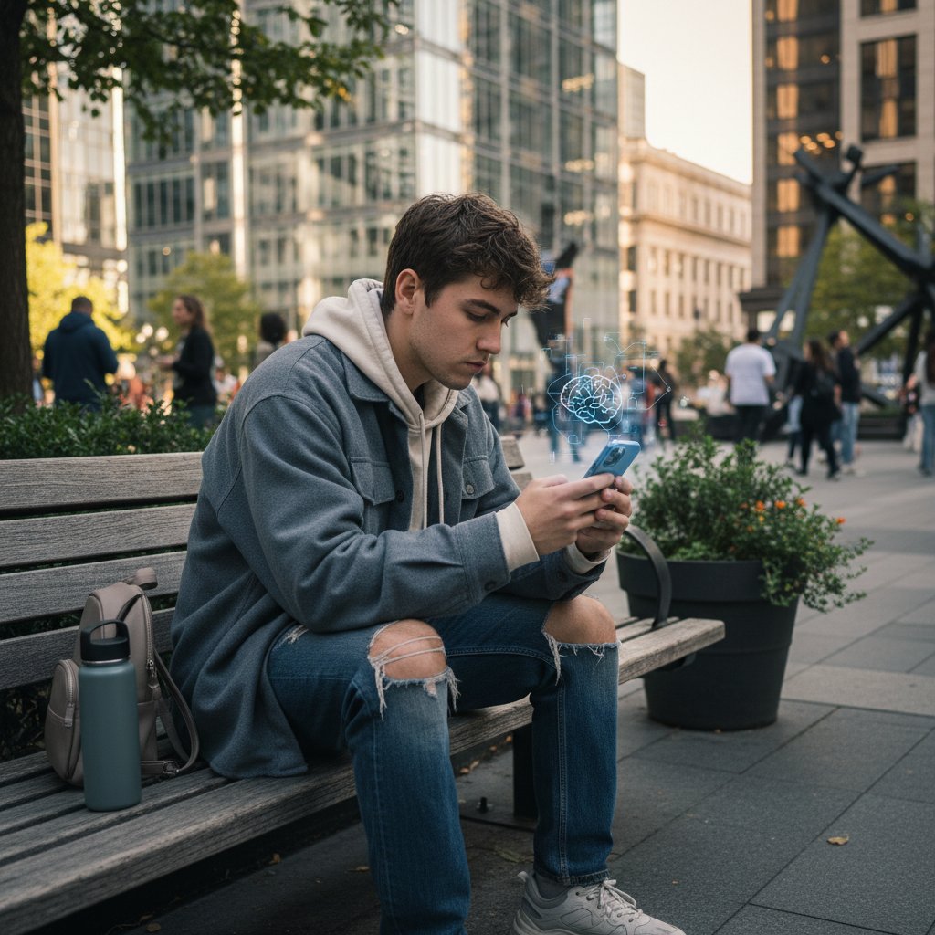 Młoda osoba z generacji Z w miejskiej przestrzeni, z telefonem w ręku, zdrowie psychiczne, nowoczesność