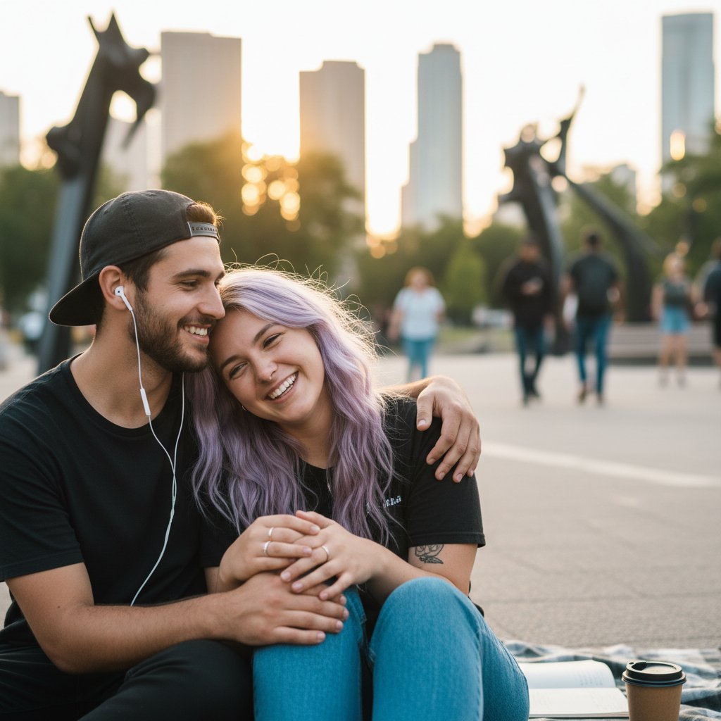 New generation redefining intimacy, diverse young couple sharing headphones in an urban park, playful mood