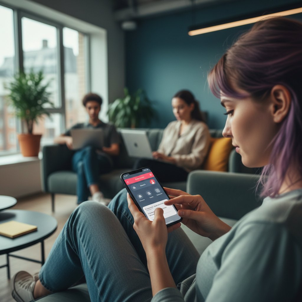 Młody pracownik z pokolenia Z korzysta ze smartfona do obsługi spraw kadrowych